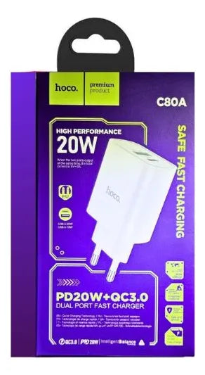 Cargador de pared doble puerto USB y USB-C 20W Hoco C80A