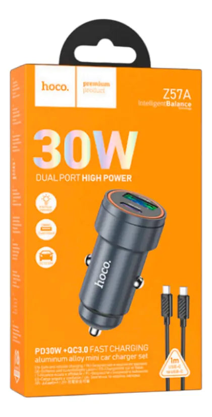 CARGADOR AUTO DUAL PORT 30W + CABLE TIPO C HOCO