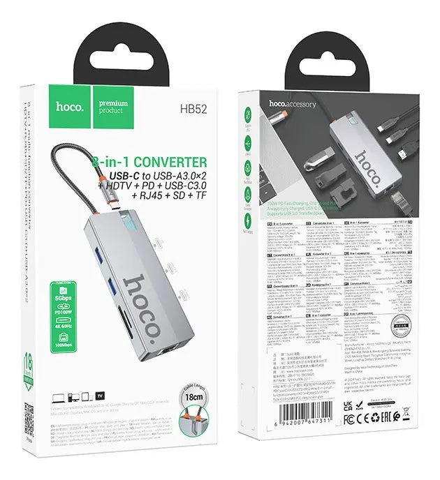 Hub Convertidor HDMI+ RJ45 + SD/TF + PD + Tipo-C 3.0 + USB 3.0 Hoco HB52