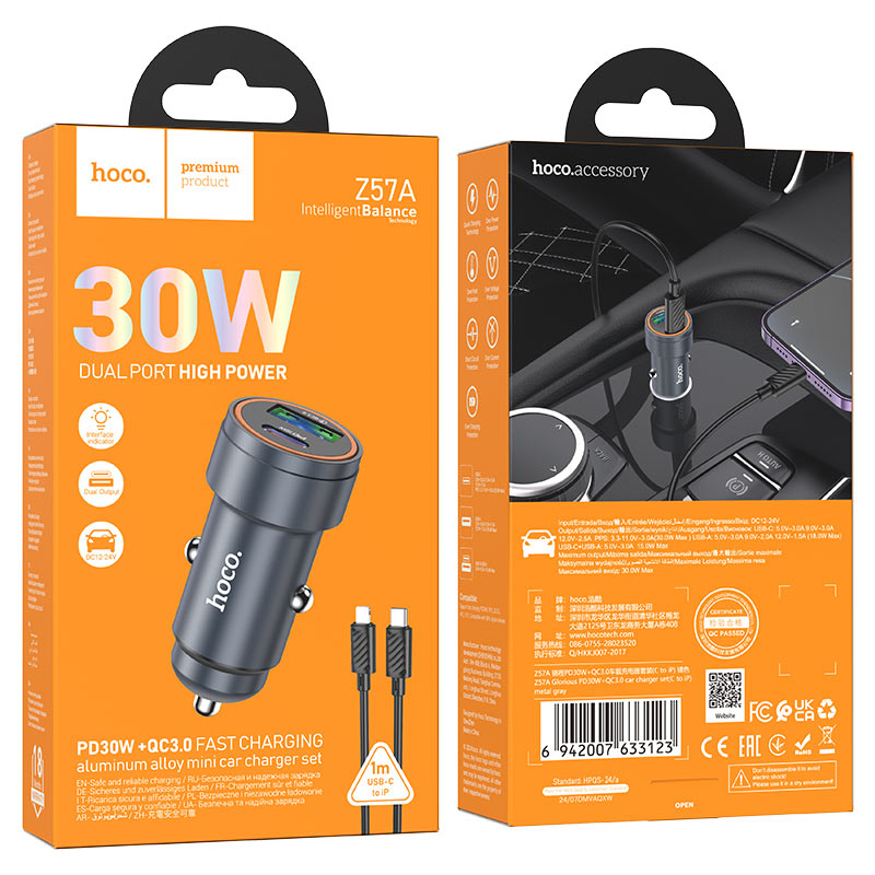 CARGADOR AUTO DUAL PORT 30W + CABLE LIGHTNING HOCO